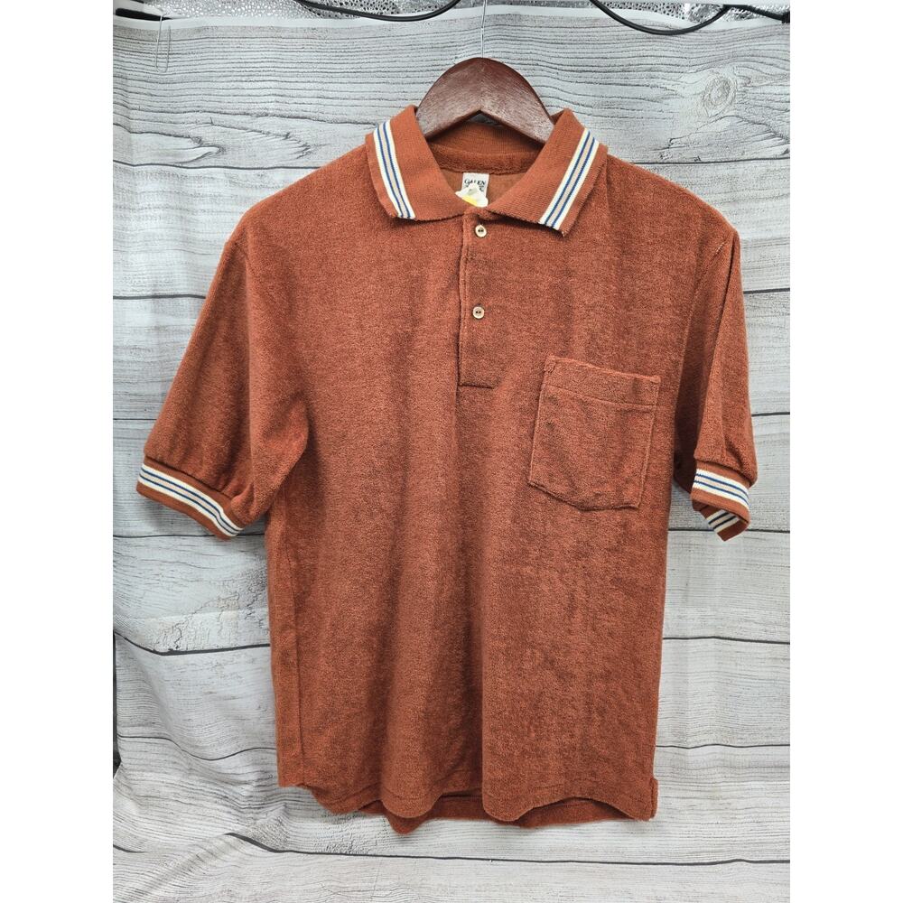Vintage 70s 80s Terry Cloth Polo Shirt Medium By GALEN. Burnt Orange